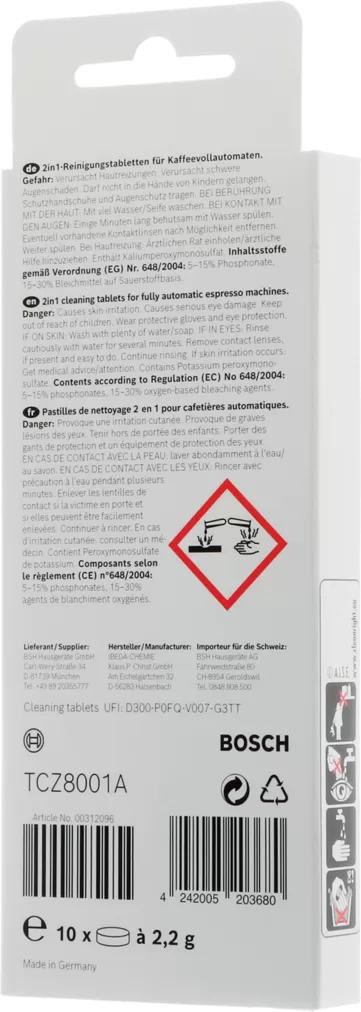 Таблетки для очистки кофемашин от эфирных масел Bosch VeroSeries TCZ8001 белые 10 шт