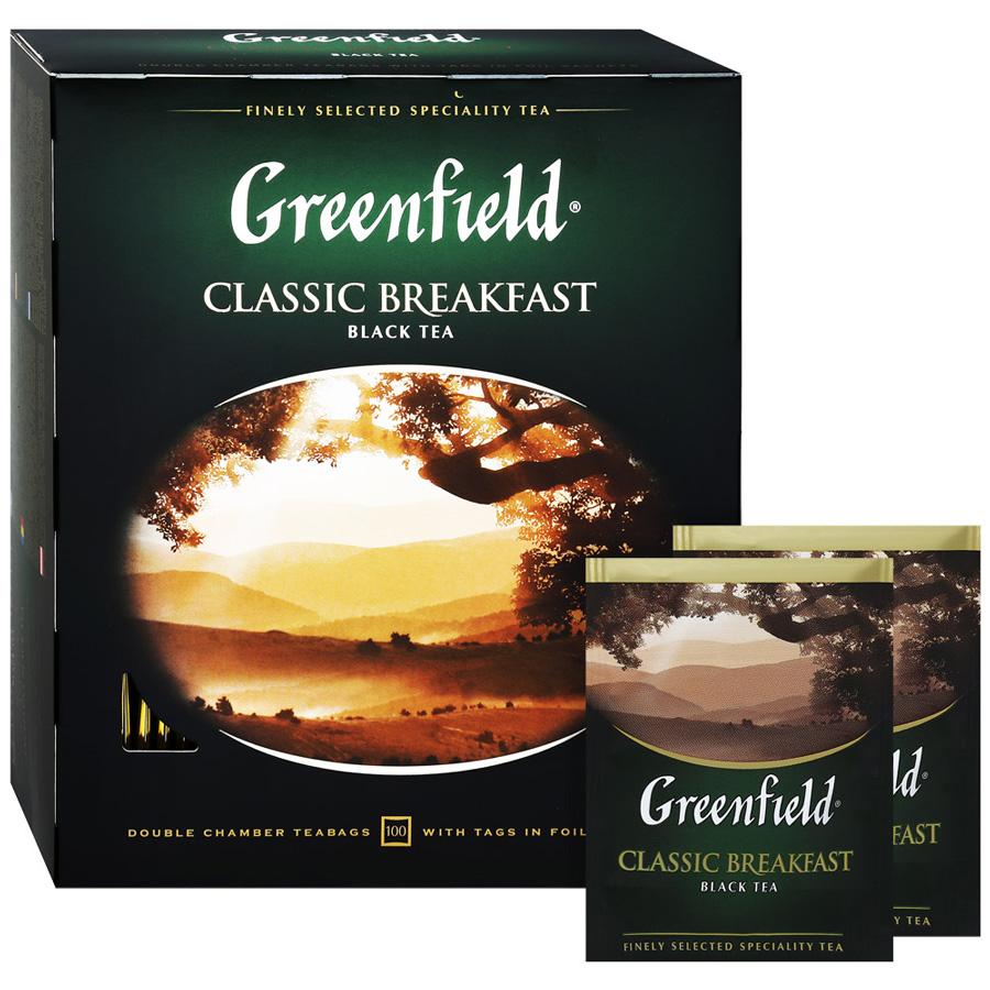 Чай в пакетах цена. Чай Гринфилд Классик Брекфаст черный 100 пак. Чай Гринфилд Классик Брекфаст 200г. Чай Гринфилд Classic Breakfast. Черный Гринфилд 100*2г.